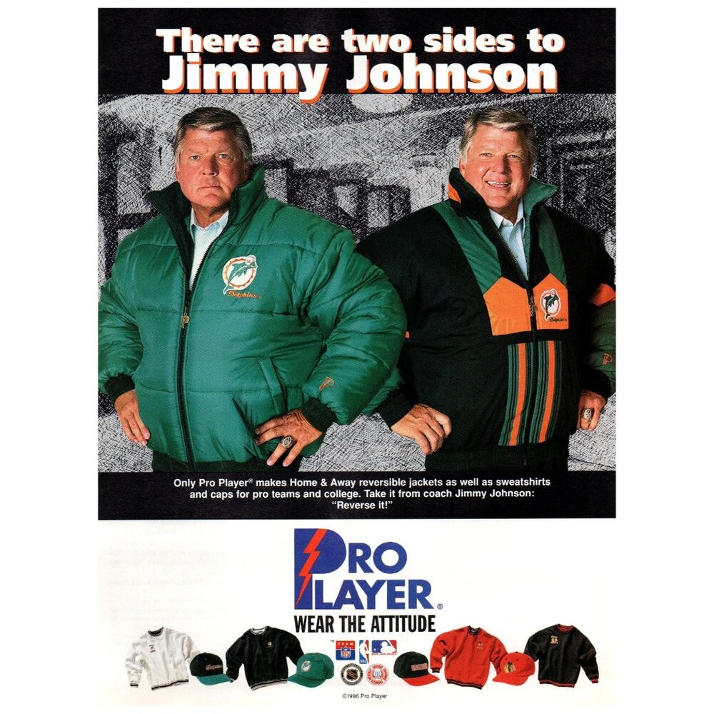 1996 Pro Player Sports Jackets Vintage Print Ad Jimmy Johnson Miami Dolphins Art